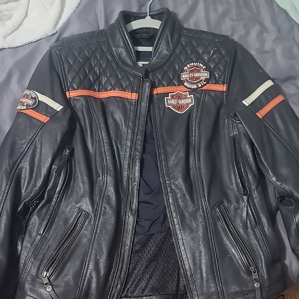Harley-Davidson Black Leather Jacket with Orange Accents